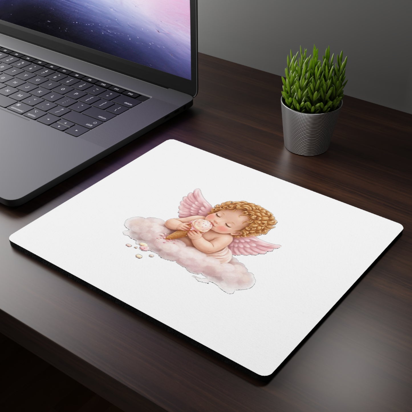 Laptop Angel Mouse Pad, Cute Baby Angel on Cloud Rectangular Desk Mat