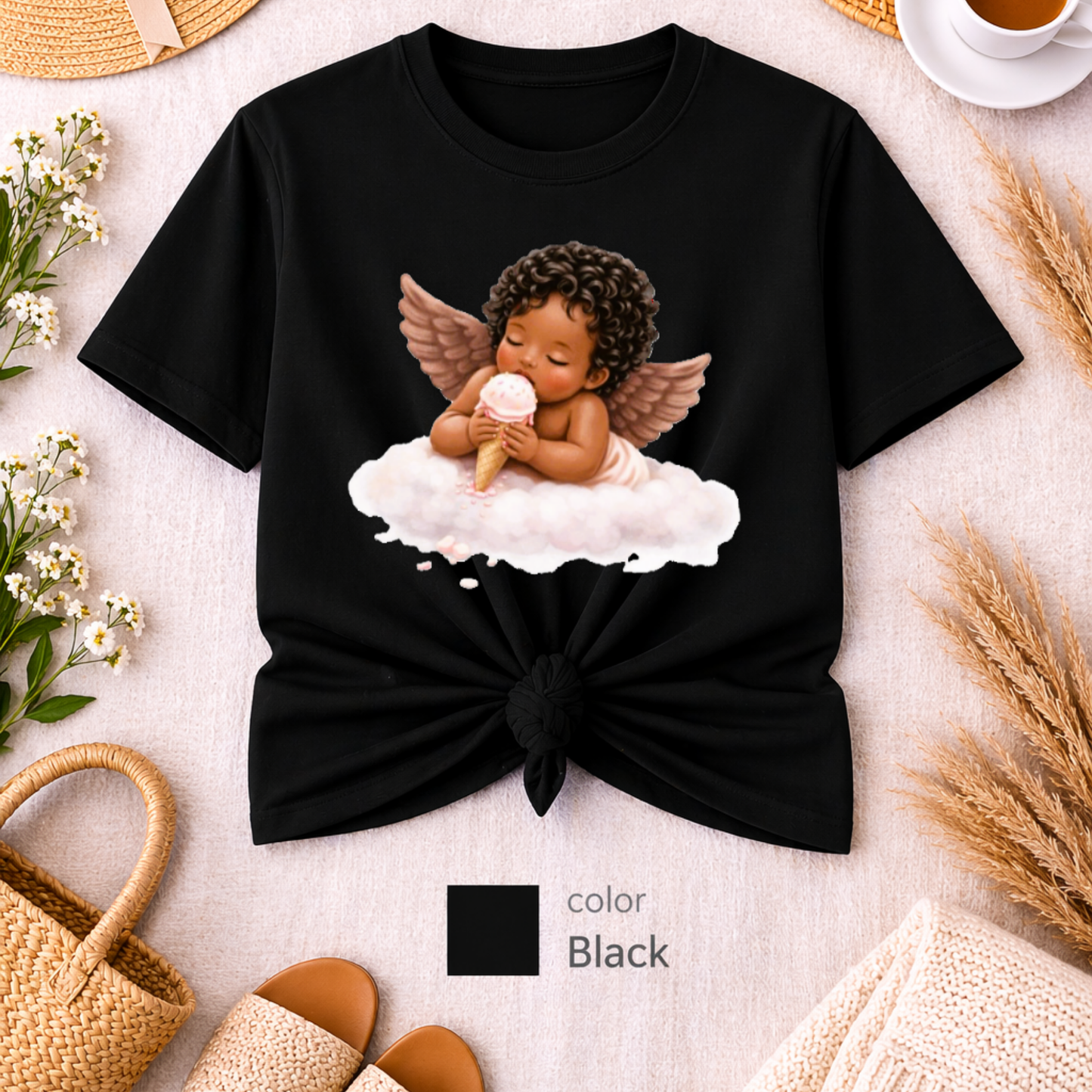 Angel Baby T-Shirt, Christian shirt, black angel , pink girl shirt, Religious Shirt, Faith Shirt, Gift For Christian, Trendy Tee, Gift For Her, flower shirt