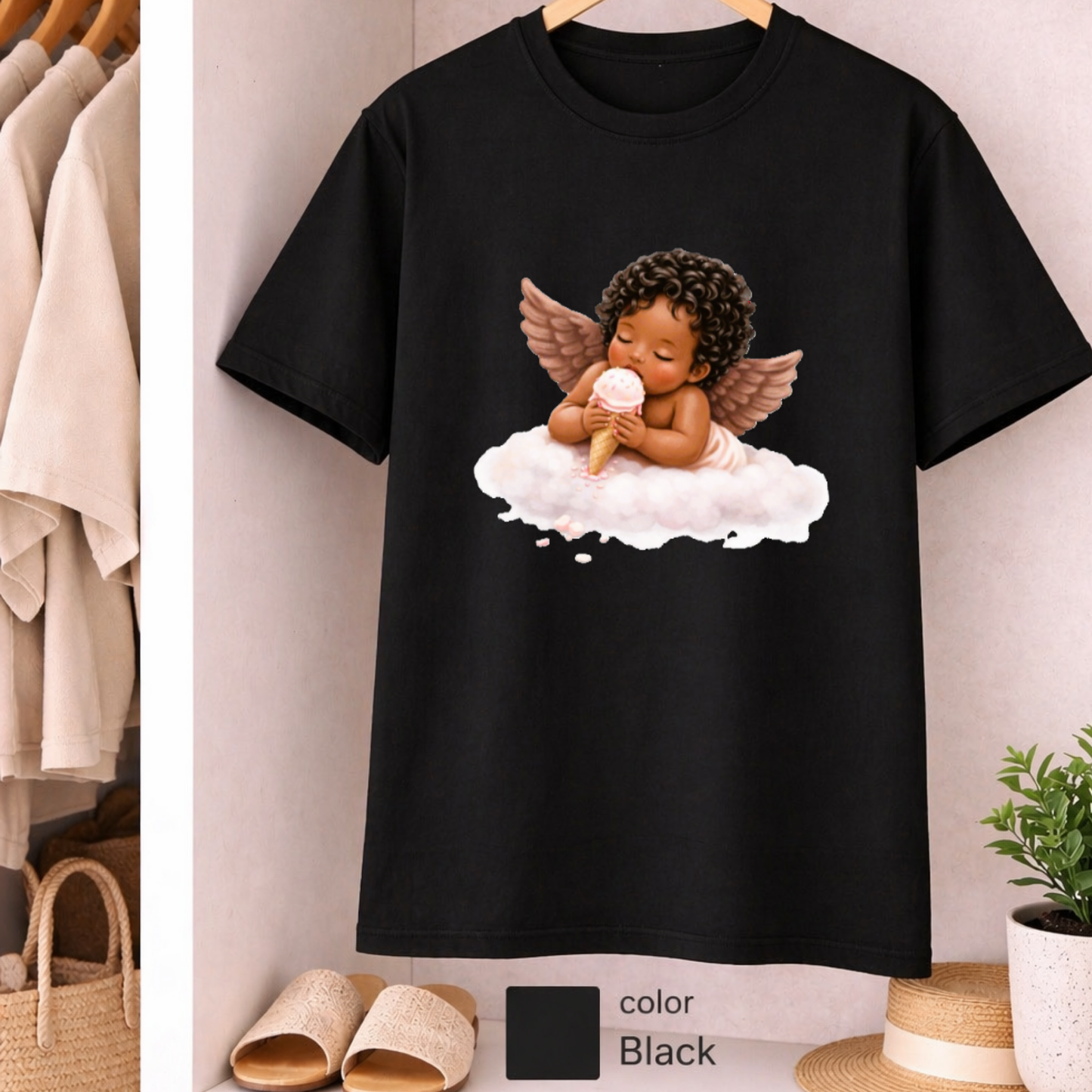Angel Baby T-Shirt, Christian shirt, black angel , pink girl shirt, Religious Shirt, Faith Shirt, Gift For Christian, Trendy Tee, Gift For Her, flower shirt