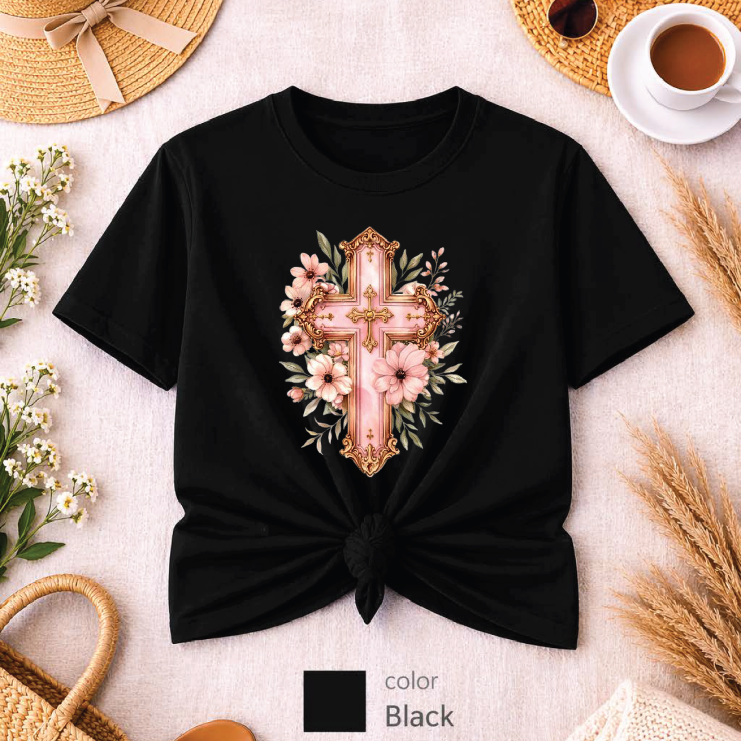 Pink Floral Cross T-Shirt, Christian Cross Tee, Religion shirt, Faith Shirt, Gift for Her, girly aesthetic, flower t-shirt, pink girl shirt