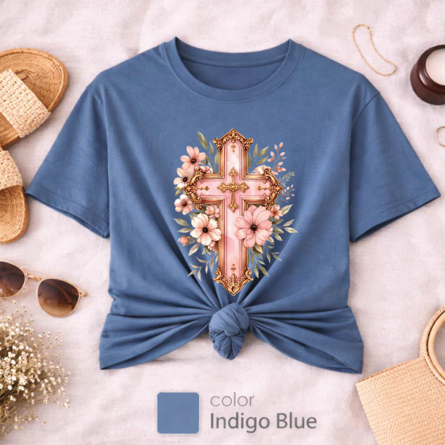 Pink Floral Cross T-Shirt, Christian Cross Tee, Religion shirt, Faith Shirt, Gift for Her, girly aesthetic, flower t-shirt, pink girl shirt