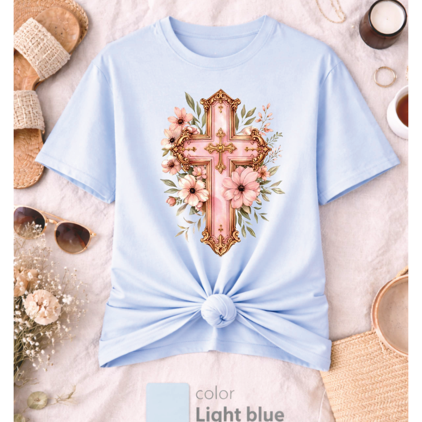 Pink Floral Cross T-Shirt, Christian Cross Tee, Religion shirt, Faith Shirt, Gift for Her, girly aesthetic, flower t-shirt, pink girl shirt