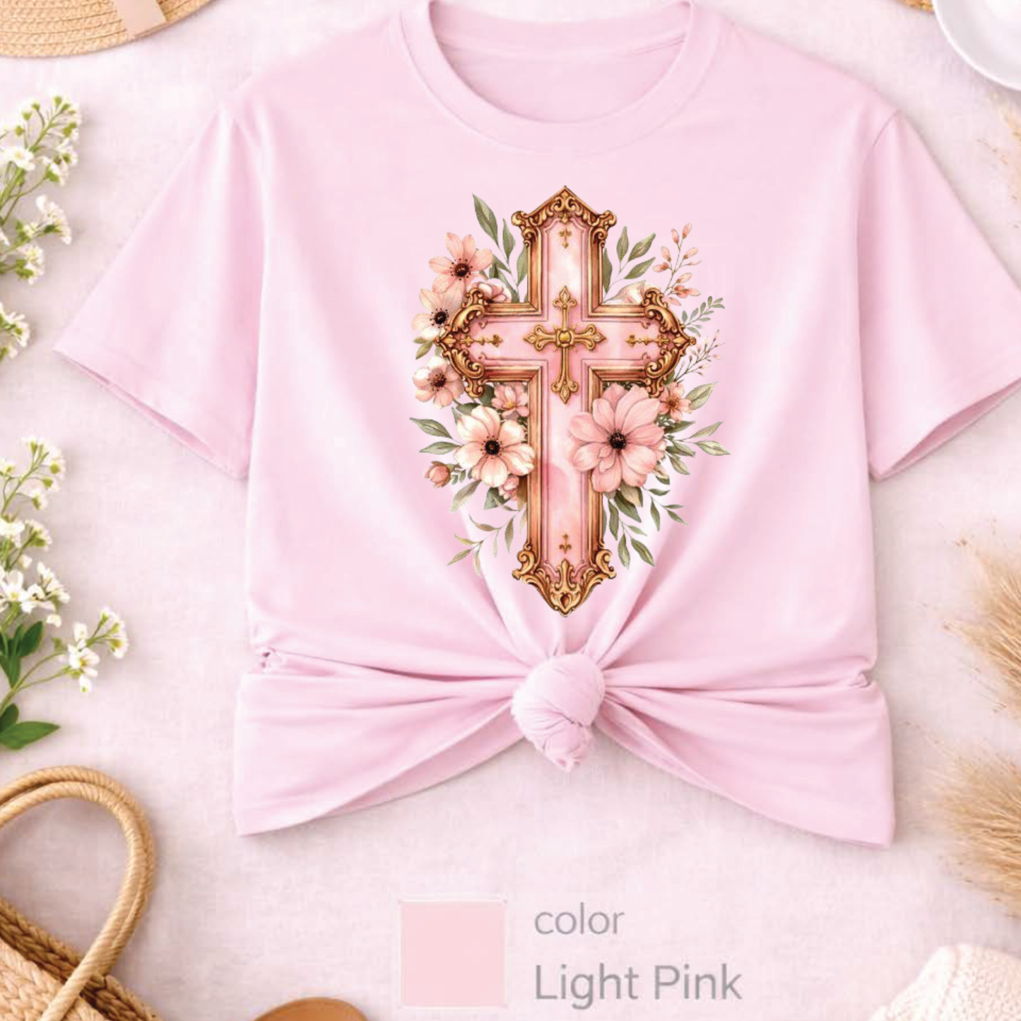 Pink Floral Cross T-Shirt, Christian Cross Tee, Religion shirt, Faith Shirt, Gift for Her, girly aesthetic, flower t-shirt, pink girl shirt
