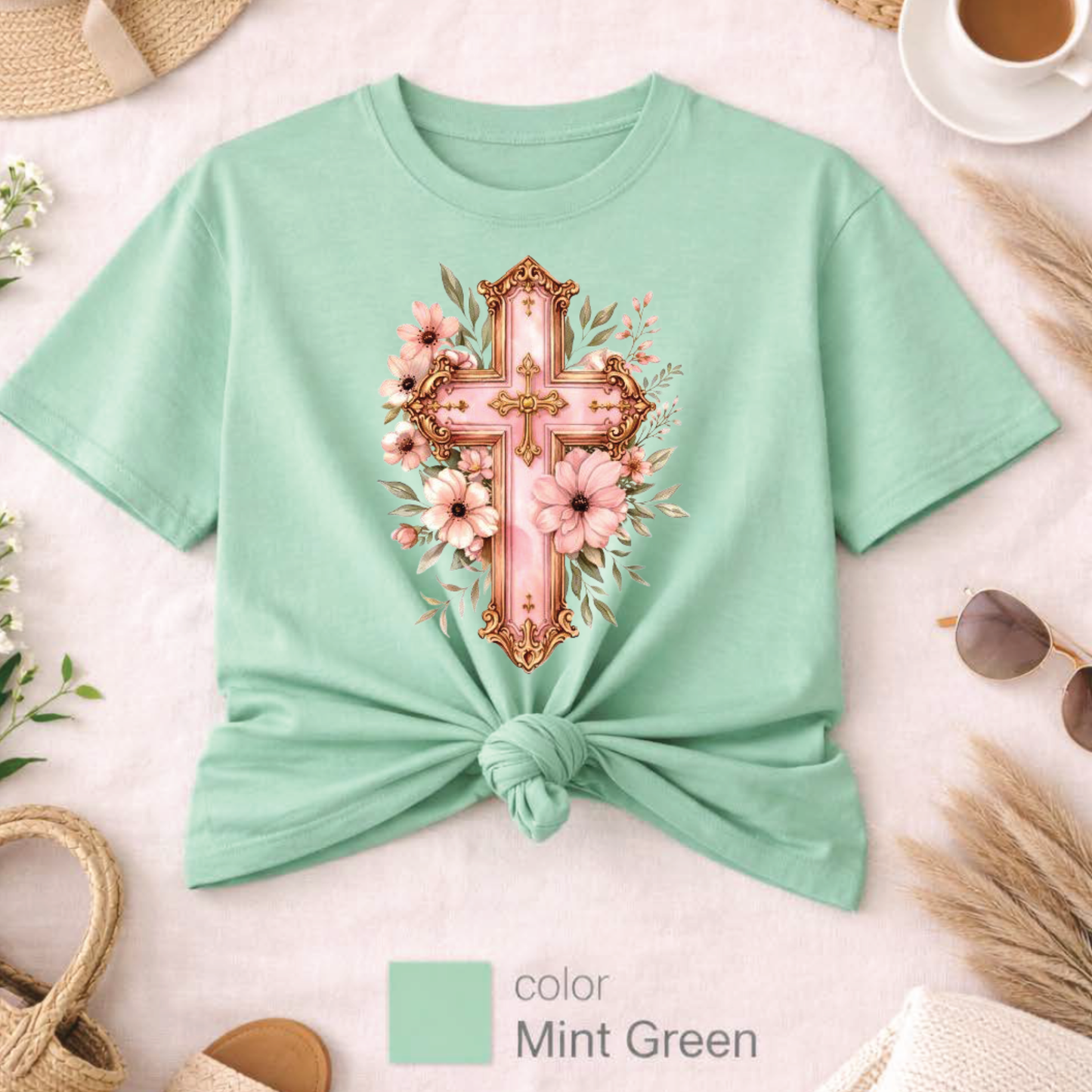 Pink Floral Cross T-Shirt, Christian Cross Tee, Religion shirt, Faith Shirt, Gift for Her, girly aesthetic, flower t-shirt, pink girl shirt