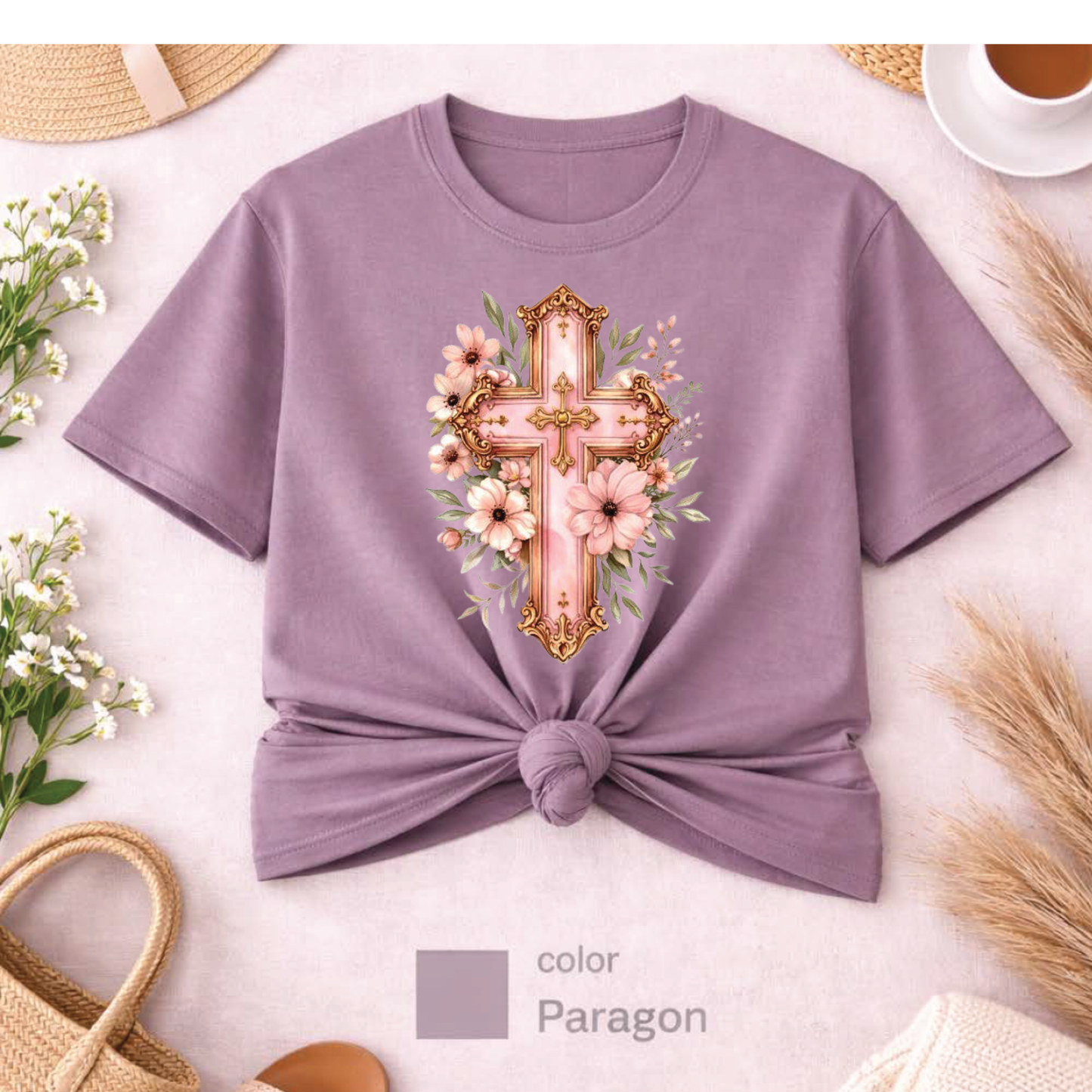 Pink Floral Cross T-Shirt, Christian Cross Tee, Religion shirt, Faith Shirt, Gift for Her, girly aesthetic, flower t-shirt, pink girl shirt