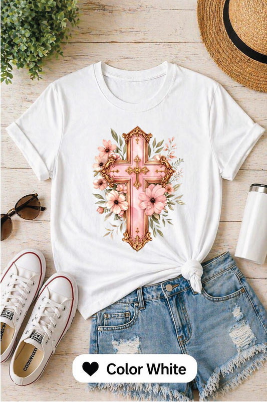 Pink Floral Cross T-Shirt, Christian Cross Tee, Religion shirt, Faith Shirt, Gift for Her, girly aesthetic, flower t-shirt, pink girl shirt