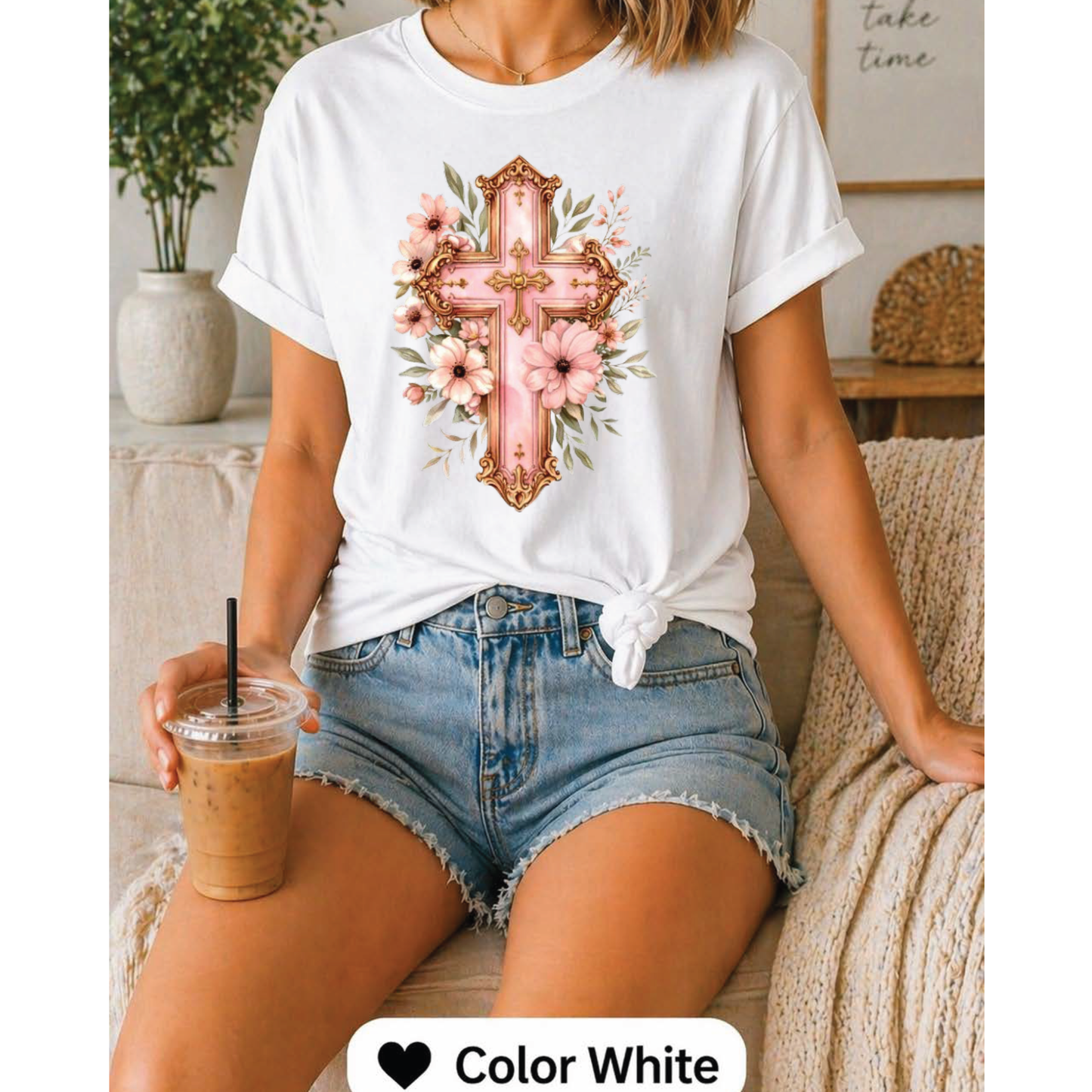 Pink Floral Cross T-Shirt, Christian Cross Tee, Religion shirt, Faith Shirt, Gift for Her, girly aesthetic, flower t-shirt, pink girl shirt