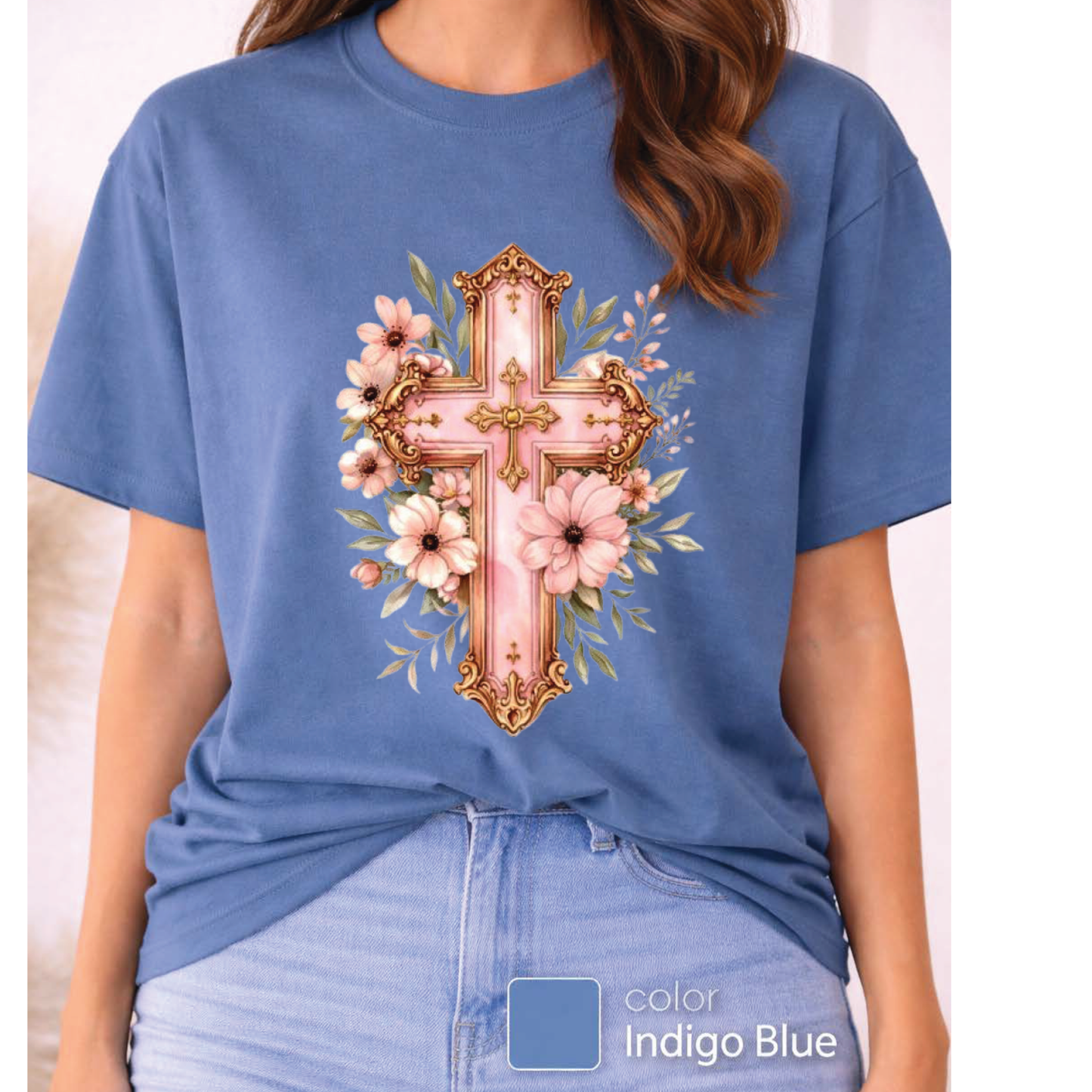 Pink Floral Cross T-Shirt, Christian Cross Tee, Religion shirt, Faith Shirt, Gift for Her, girly aesthetic, flower t-shirt, pink girl shirt