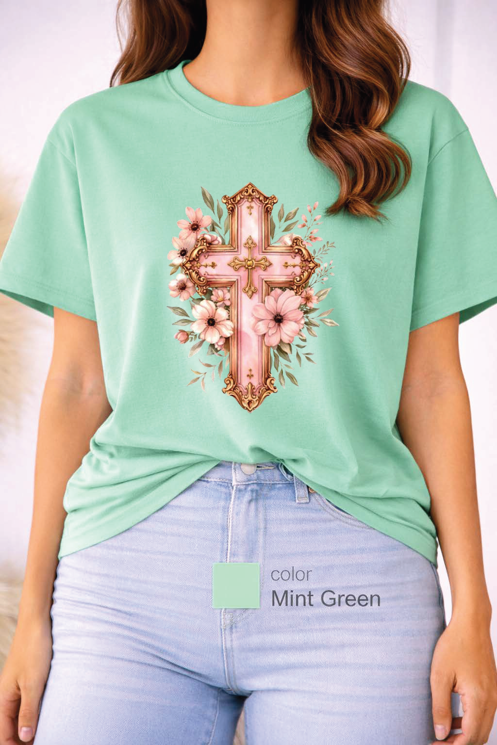 Pink Floral Cross T-Shirt, Christian Cross Tee, Religion shirt, Faith Shirt, Gift for Her, girly aesthetic, flower t-shirt, pink girl shirt
