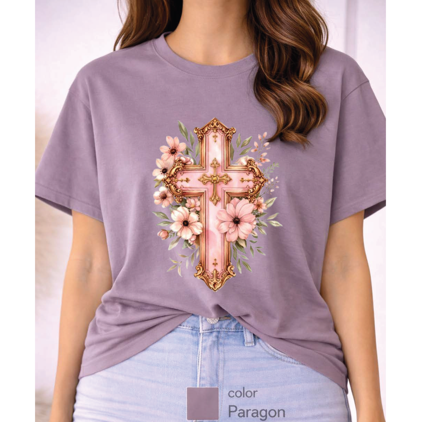 Pink Floral Cross T-Shirt, Christian Cross Tee, Religion shirt, Faith Shirt, Gift for Her, girly aesthetic, flower t-shirt, pink girl shirt