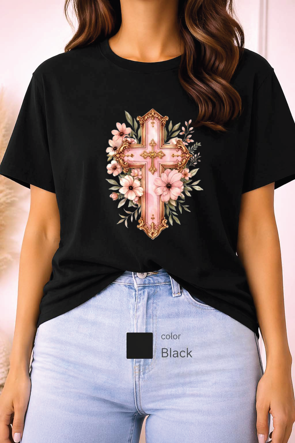Pink Floral Cross T-Shirt, Christian Cross Tee, Religion shirt, Faith Shirt, Gift for Her, girly aesthetic, flower t-shirt, pink girl shirt