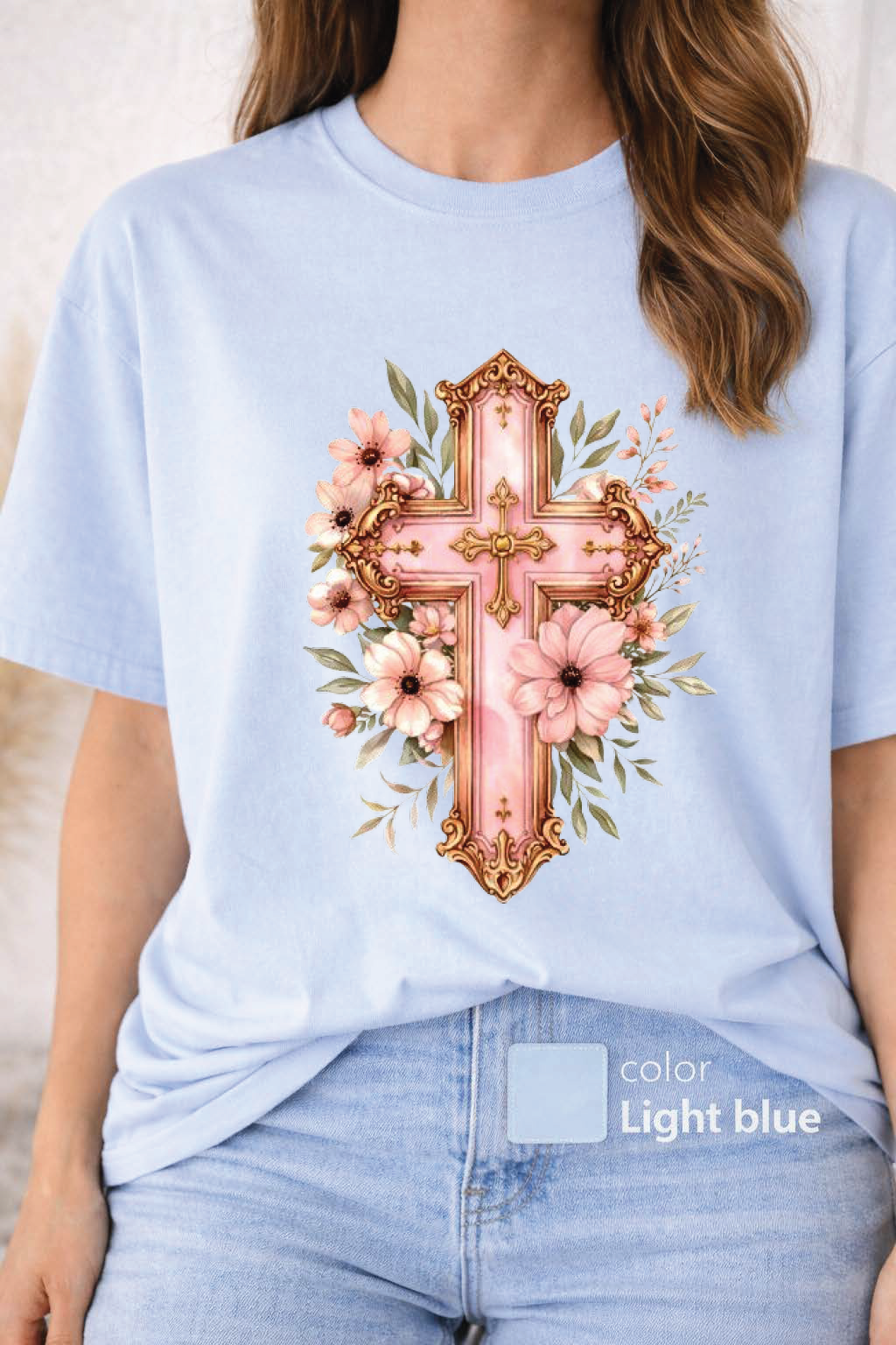 Pink Floral Cross T-Shirt, Christian Cross Tee, Religion shirt, Faith Shirt, Gift for Her, girly aesthetic, flower t-shirt, pink girl shirt
